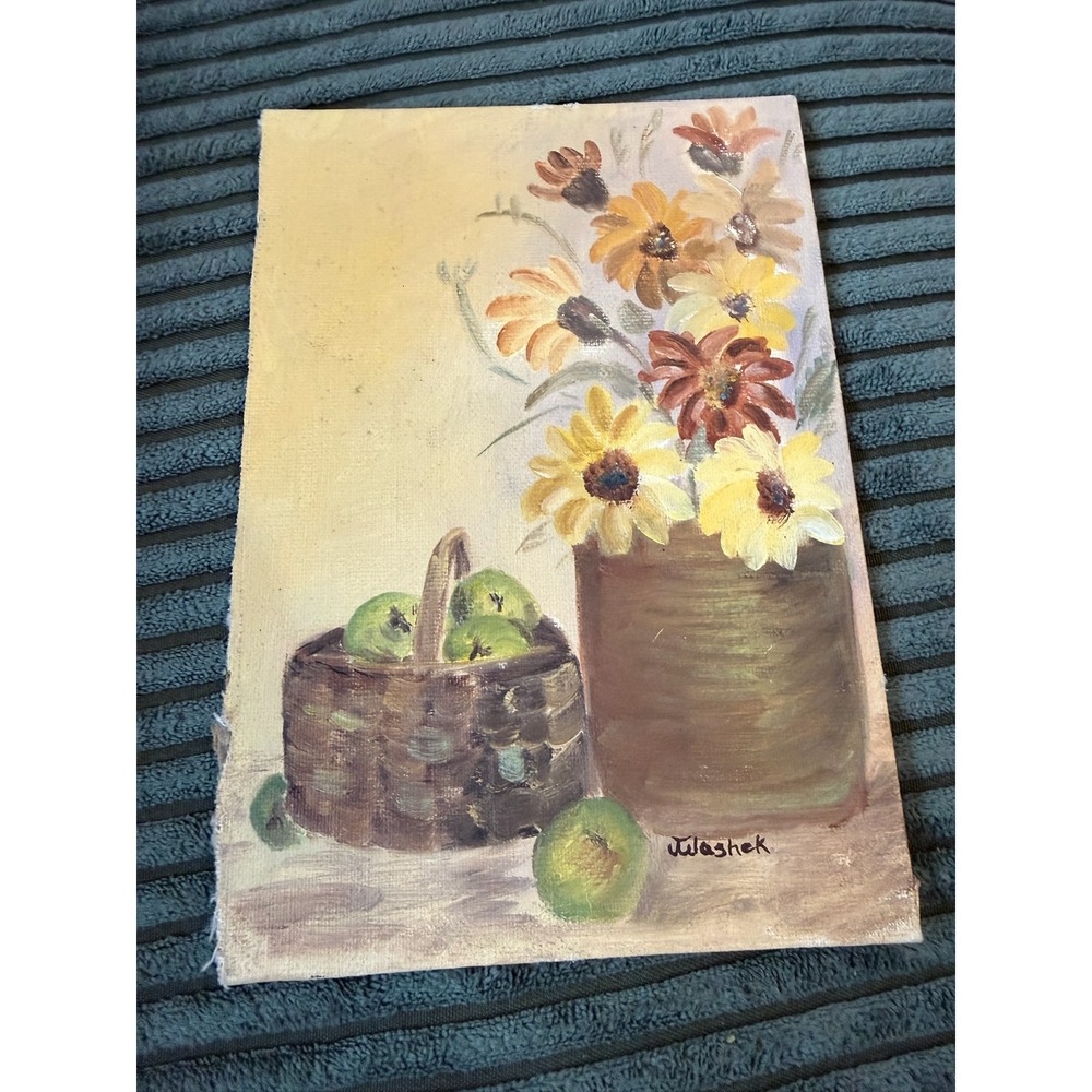 Original‎ Oil Painting Still Life Flowers Apples Basket Art Signed J Washek
